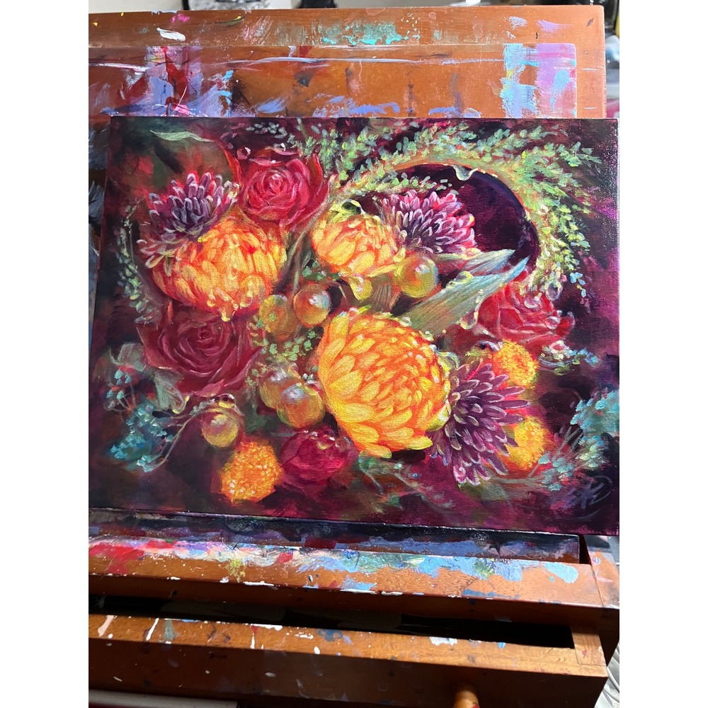 Artettina Original Floral Painting Autumn Bouquet Signed dew flowers ladybugs US